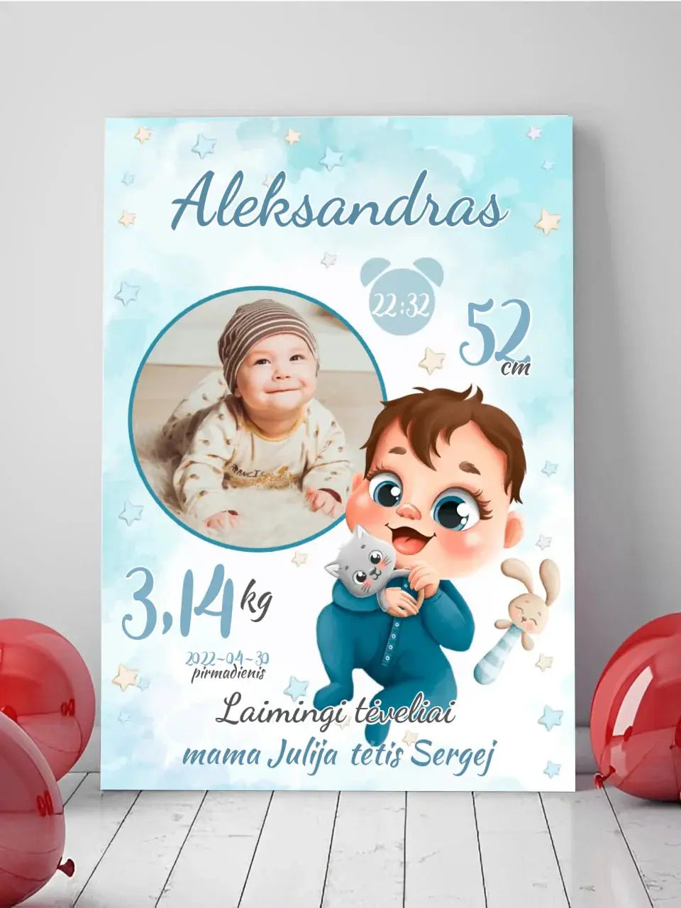 Personalizuota Berniuko Gimimo Metrikų Iliustracija ant drobės  Drobe -  dovanokis.lt