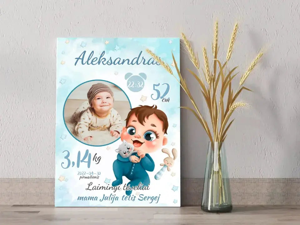 Personalizuota Berniuko Gimimo Metrikų Iliustracija ant drobės  Drobe -  dovanokis.lt
