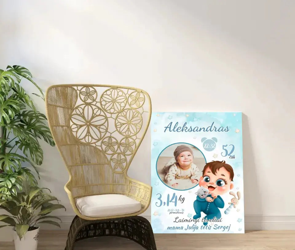 Personalizuota Berniuko Gimimo Metrikų Iliustracija ant drobės  Drobe -  dovanokis.lt