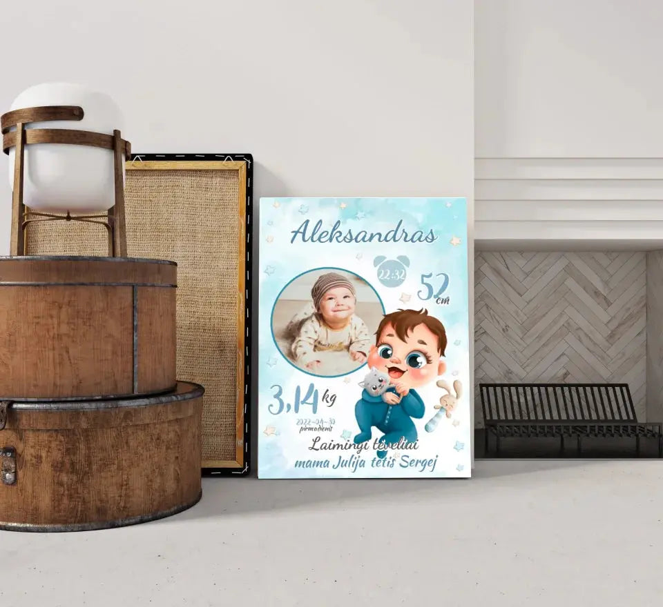 Personalizuota Berniuko Gimimo Metrikų Iliustracija ant drobės  Drobe -  dovanokis.lt