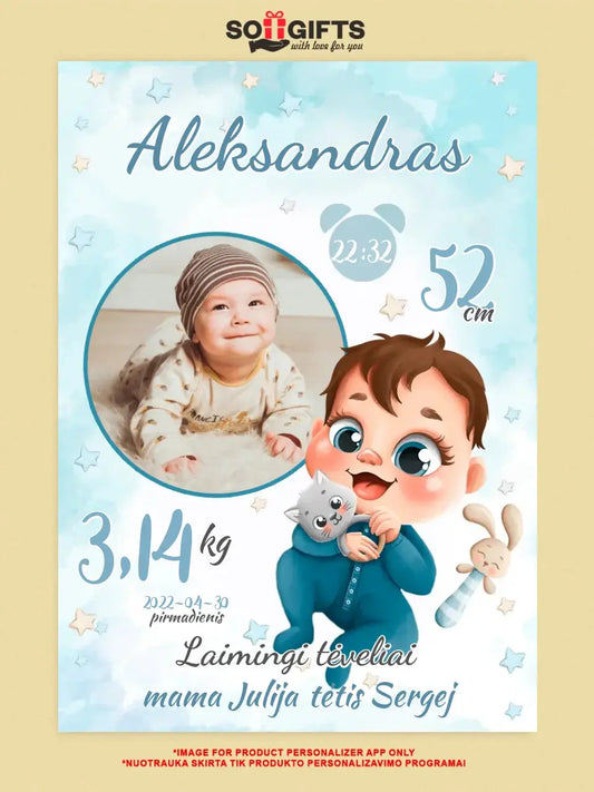 Personalizuota Berniuko Gimimo Metrikų Iliustracija ant drobės  Drobe -  dovanokis.lt