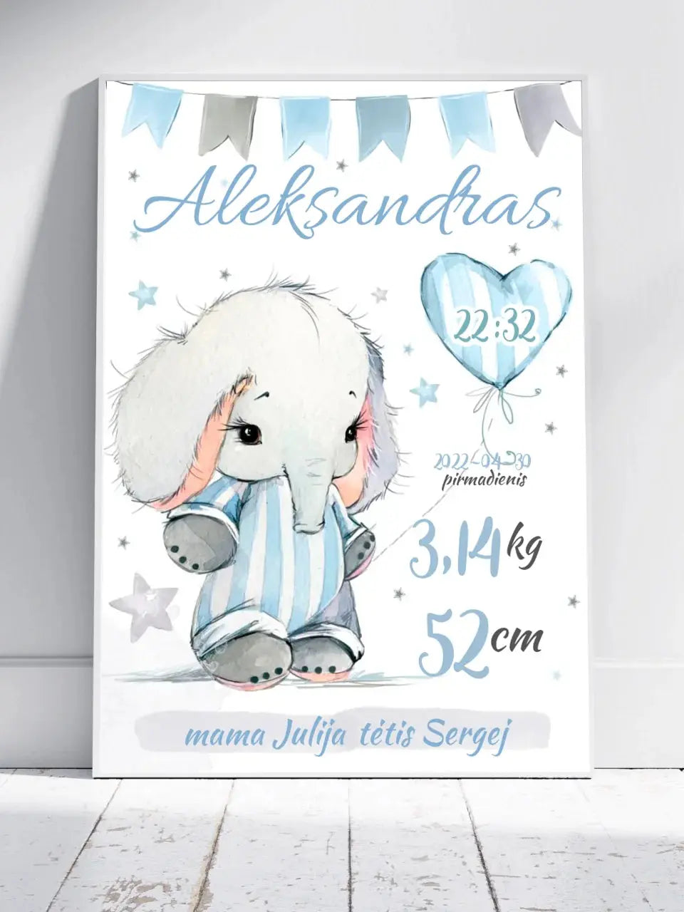 Personalizuota Berniuko Gimimo Metrikų Iliustracija, plakatas su rėmeliu  Customizer -  dovanokis.lt