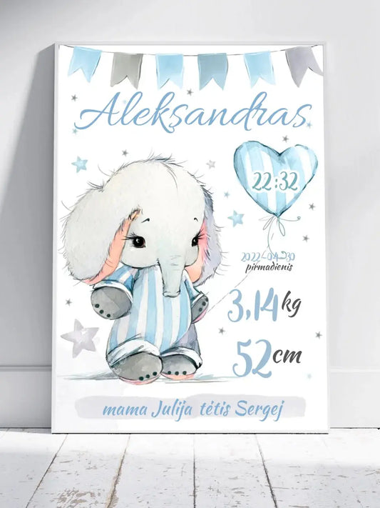 Personalizuota Berniuko Gimimo Metrikų Iliustracija, plakatas su rėmeliu  Customizer -  dovanokis.lt