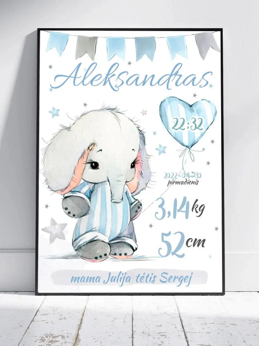 Personalizuota Berniuko Gimimo Metrikų Iliustracija, plakatas su rėmeliu  Customizer -  dovanokis.lt