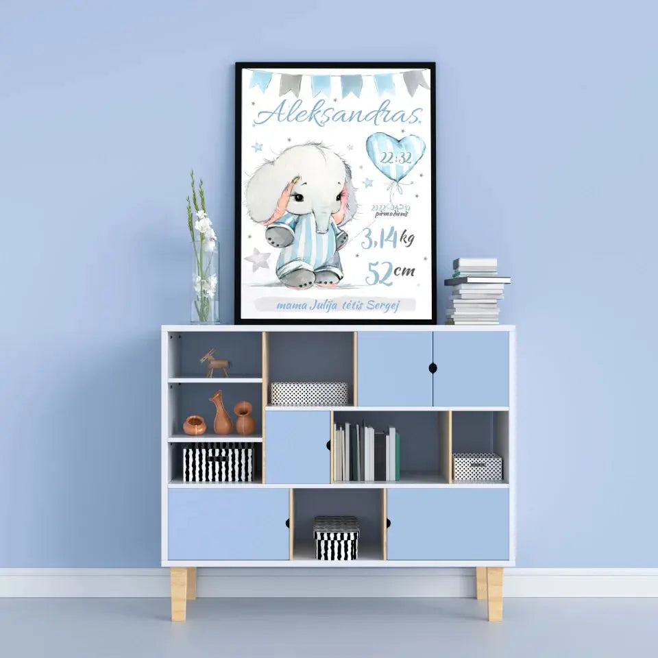 Personalizuota Berniuko Gimimo Metrikų Iliustracija, plakatas su rėmeliu  Customizer -  dovanokis.lt