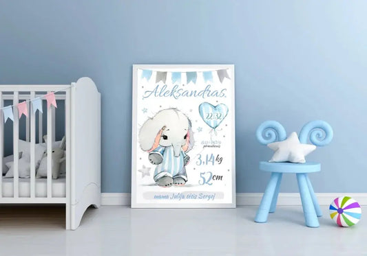 Personalizuota Berniuko Gimimo Metrikų Iliustracija, plakatas su rėmeliu  Customizer -  dovanokis.lt