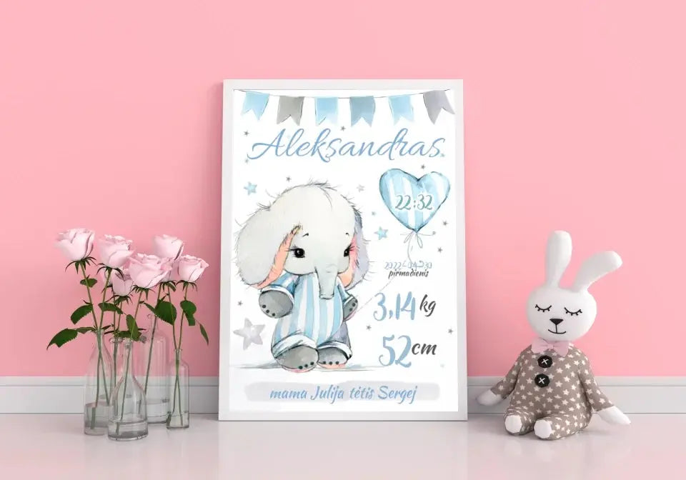 Personalizuota Berniuko Gimimo Metrikų Iliustracija, plakatas su rėmeliu  Customizer -  dovanokis.lt