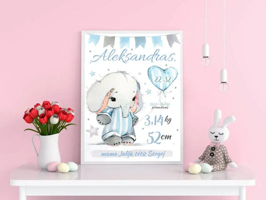 Personalizuota Berniuko Gimimo Metrikų Iliustracija, plakatas su rėmeliu  Customizer -  dovanokis.lt