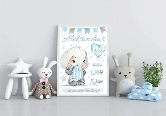 Personalizuota Berniuko Gimimo Metrikų Iliustracija, plakatas su rėmeliu  Customizer -  dovanokis.lt
