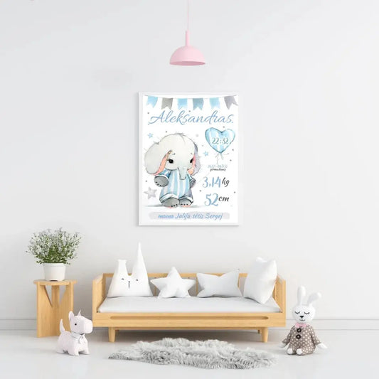 Personalizuota Berniuko Gimimo Metrikų Iliustracija, plakatas su rėmeliu  Customizer -  dovanokis.lt