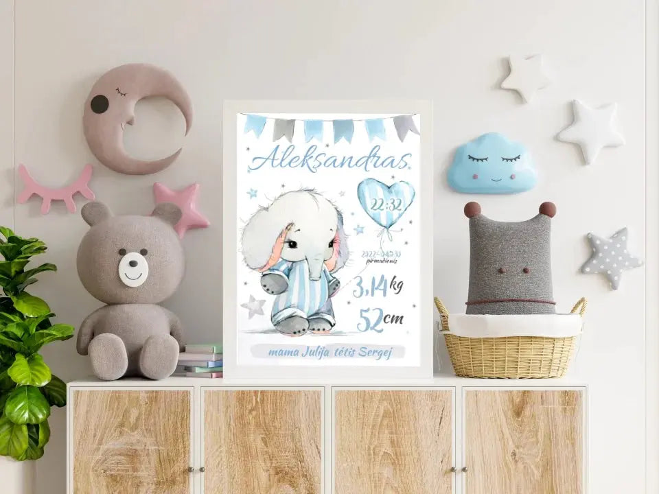 Personalizuota Berniuko Gimimo Metrikų Iliustracija, plakatas su rėmeliu  Customizer -  dovanokis.lt