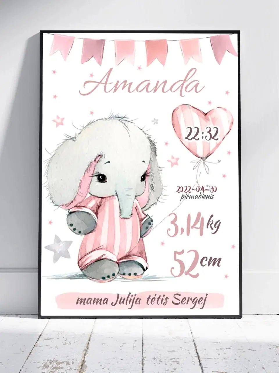 Personalizuota Mergaitės Gimimo Metrikų Iliustracija, plakatas su rėmeliu  Customizer -  dovanokis.lt