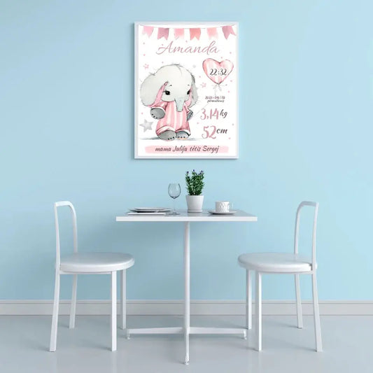 Personalizuota Mergaitės Gimimo Metrikų Iliustracija, plakatas su rėmeliu  Customizer -  dovanokis.lt