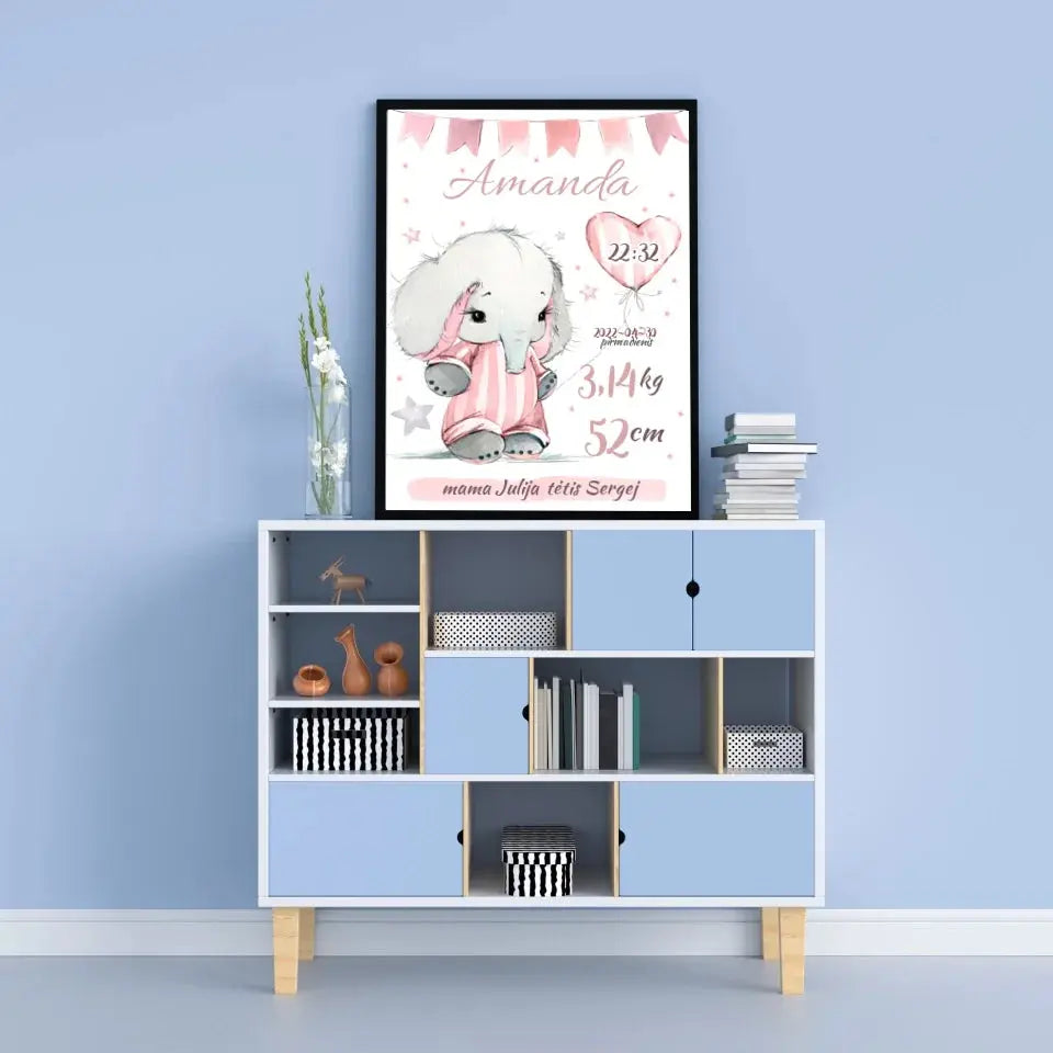 Personalizuota Mergaitės Gimimo Metrikų Iliustracija, plakatas su rėmeliu  Customizer -  dovanokis.lt