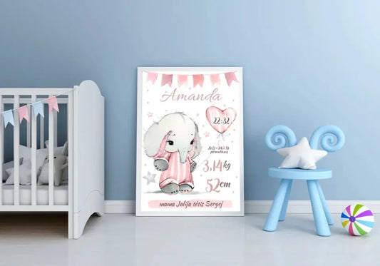 Personalizuota Mergaitės Gimimo Metrikų Iliustracija, plakatas su rėmeliu  Customizer -  dovanokis.lt