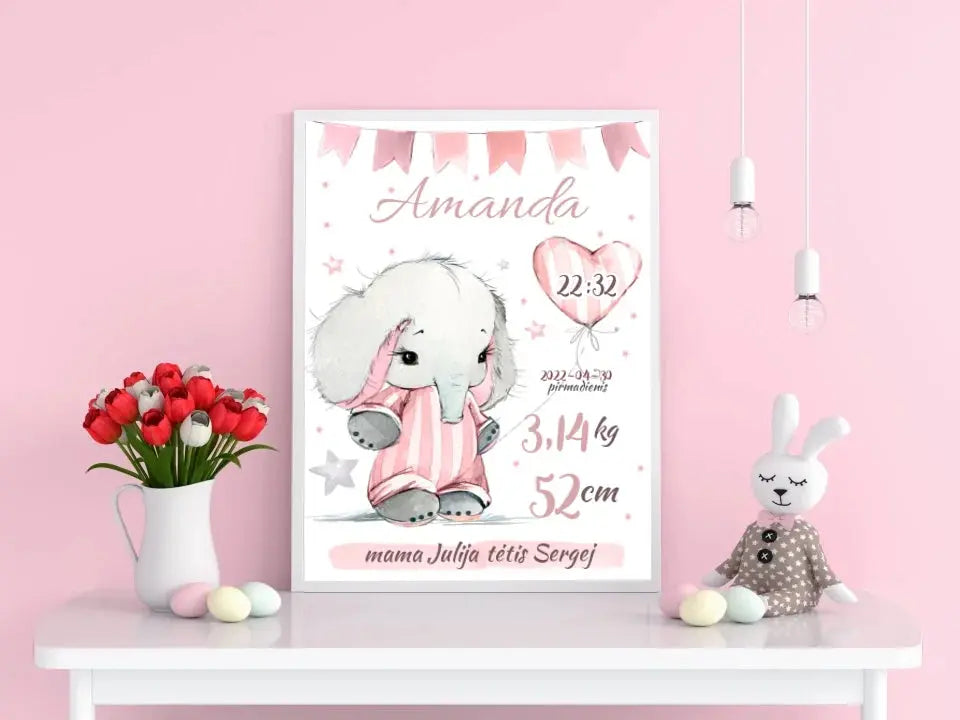 Personalizuota Mergaitės Gimimo Metrikų Iliustracija, plakatas su rėmeliu  Customizer -  dovanokis.lt