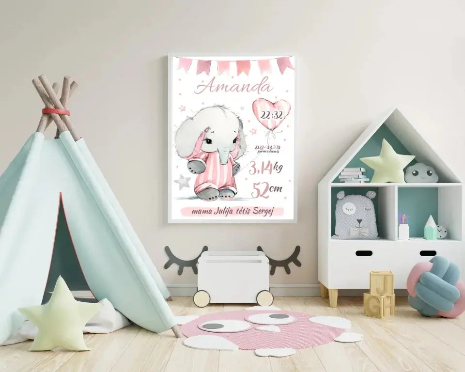 Personalizuota Mergaitės Gimimo Metrikų Iliustracija, plakatas su rėmeliu  Customizer -  dovanokis.lt