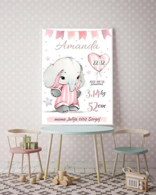 Personalizuota Mergaitės Gimimo Metrikų Iliustracija, plakatas su rėmeliu  Customizer -  dovanokis.lt