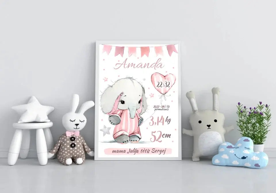 Personalizuota Mergaitės Gimimo Metrikų Iliustracija, plakatas su rėmeliu  Customizer -  dovanokis.lt