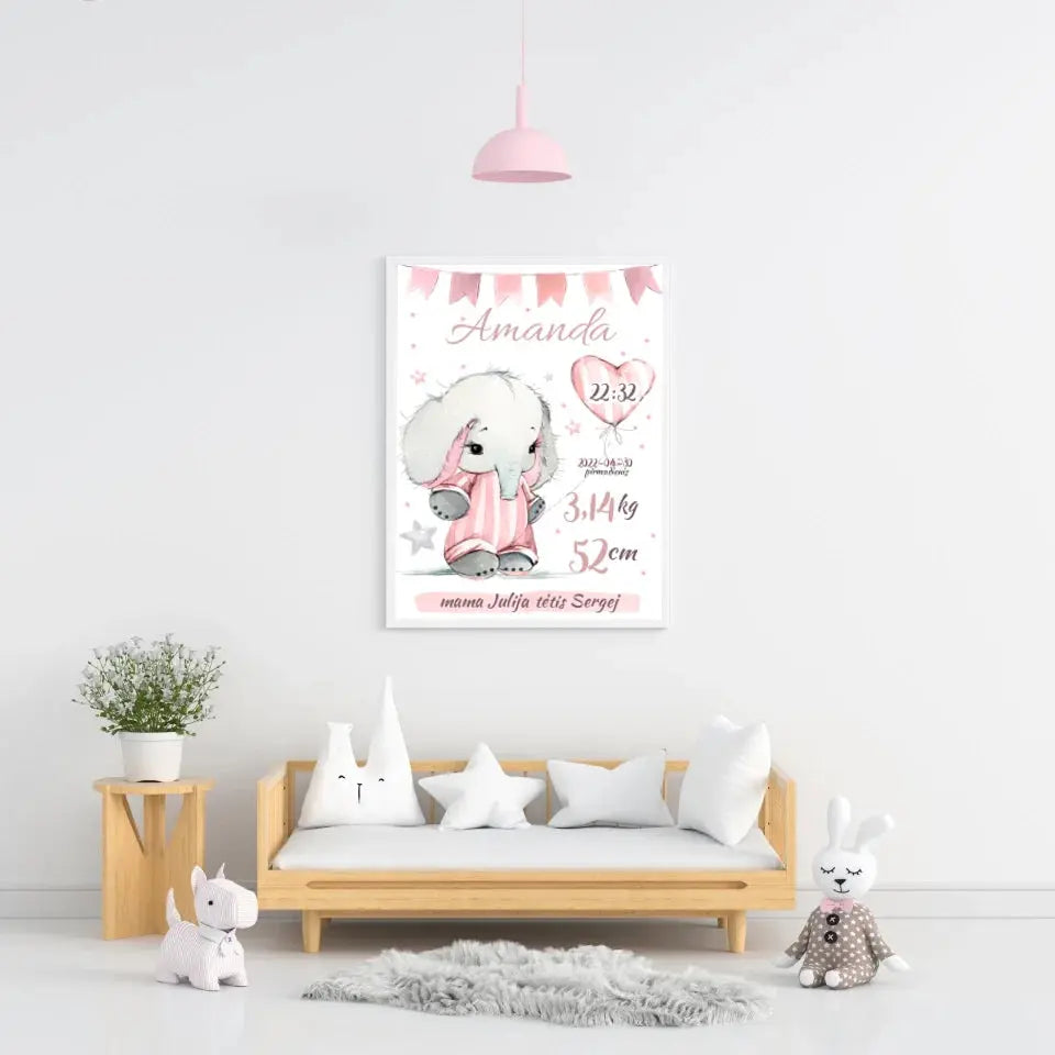 Personalizuota Mergaitės Gimimo Metrikų Iliustracija, plakatas su rėmeliu  Customizer -  dovanokis.lt