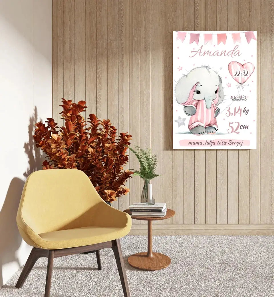 Personalizuota Mergaitės Gimimo Metrikų Iliustracija ant drobės  Drobe -  dovanokis.lt