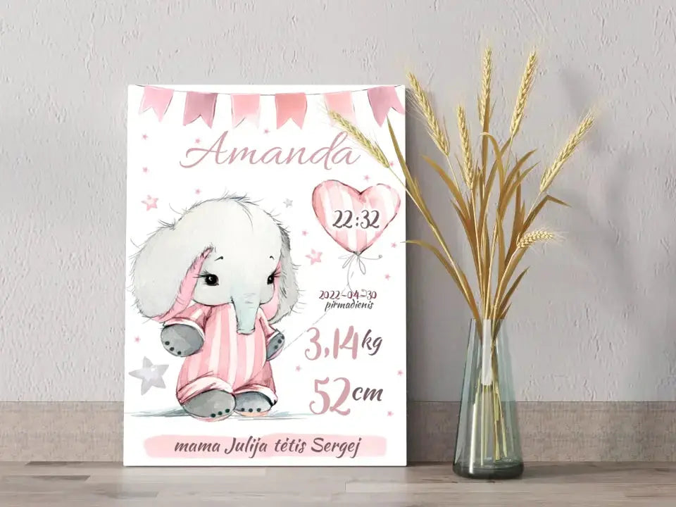 Personalizuota Mergaitės Gimimo Metrikų Iliustracija ant drobės  Drobe -  dovanokis.lt