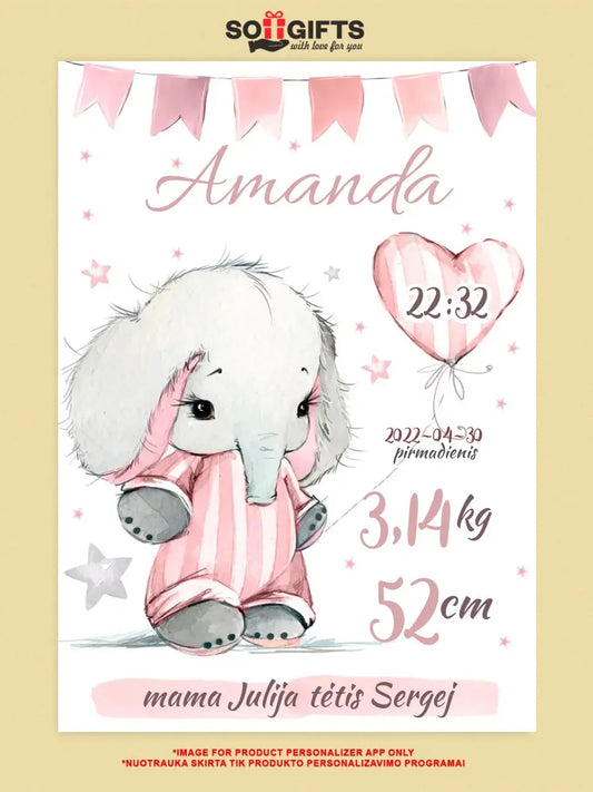 Personalizuota Mergaitės Gimimo Metrikų Iliustracija ant drobės  Drobe -  dovanokis.lt