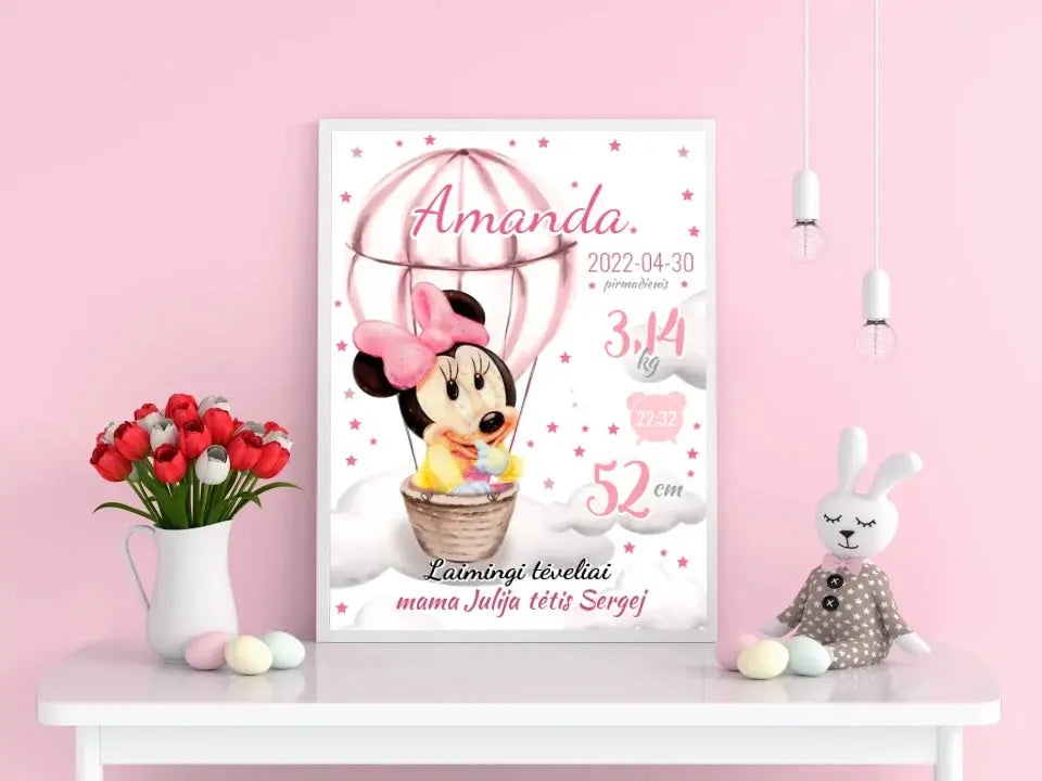Personalizuota Mergaitės Gimimo Metrikų Iliustracija, plakatas su rėmeliu  Customizer -  dovanokis.lt