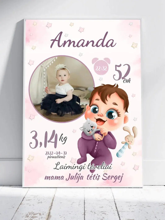 Personalizuota Mergaitės Gimimo Metrikų Iliustracija, plakatas su rėmeliu  Customizer -  dovanokis.lt
