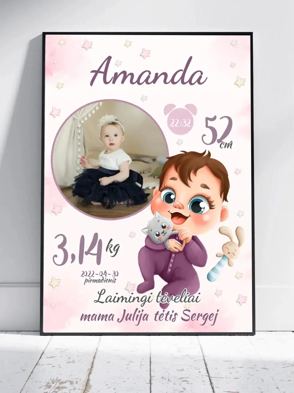 Personalizuota Mergaitės Gimimo Metrikų Iliustracija, plakatas su rėmeliu  Customizer -  dovanokis.lt