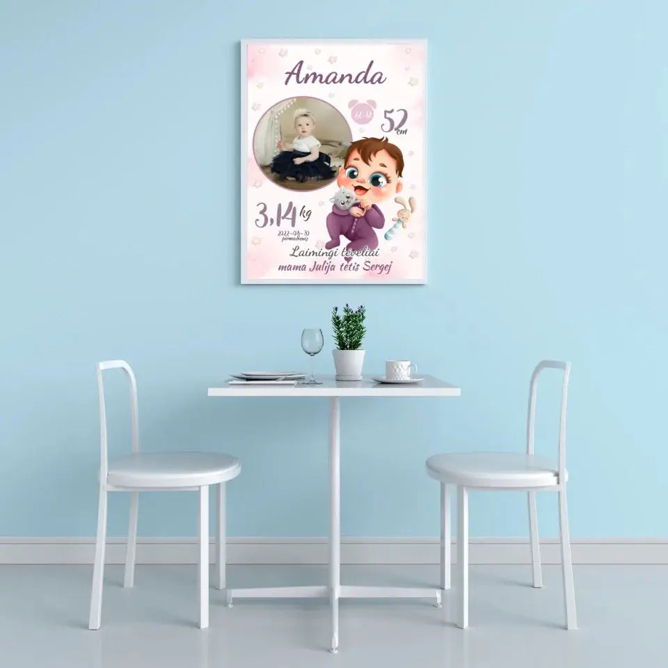 Personalizuota Mergaitės Gimimo Metrikų Iliustracija, plakatas su rėmeliu  Customizer -  dovanokis.lt
