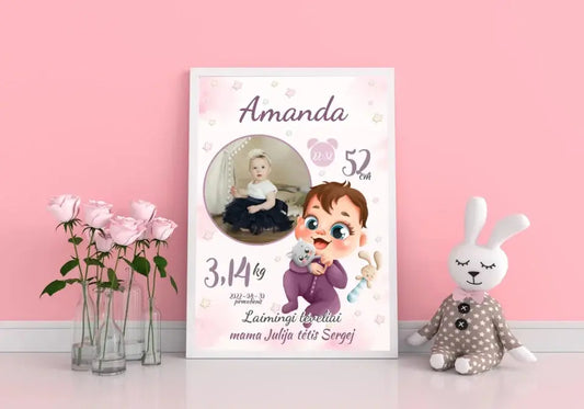 Personalizuota Mergaitės Gimimo Metrikų Iliustracija, plakatas su rėmeliu  Customizer -  dovanokis.lt