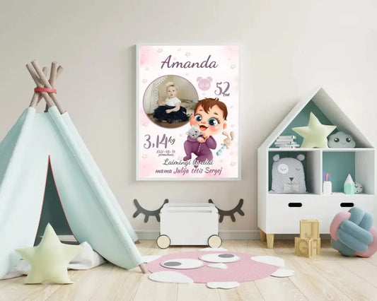 Personalizuota Mergaitės Gimimo Metrikų Iliustracija, plakatas su rėmeliu  Customizer -  dovanokis.lt