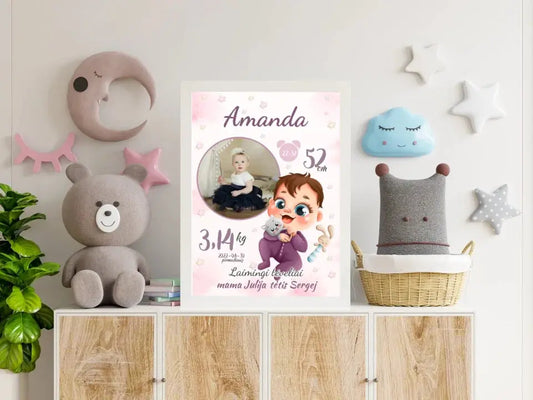 Personalizuota Mergaitės Gimimo Metrikų Iliustracija, plakatas su rėmeliu  Customizer -  dovanokis.lt