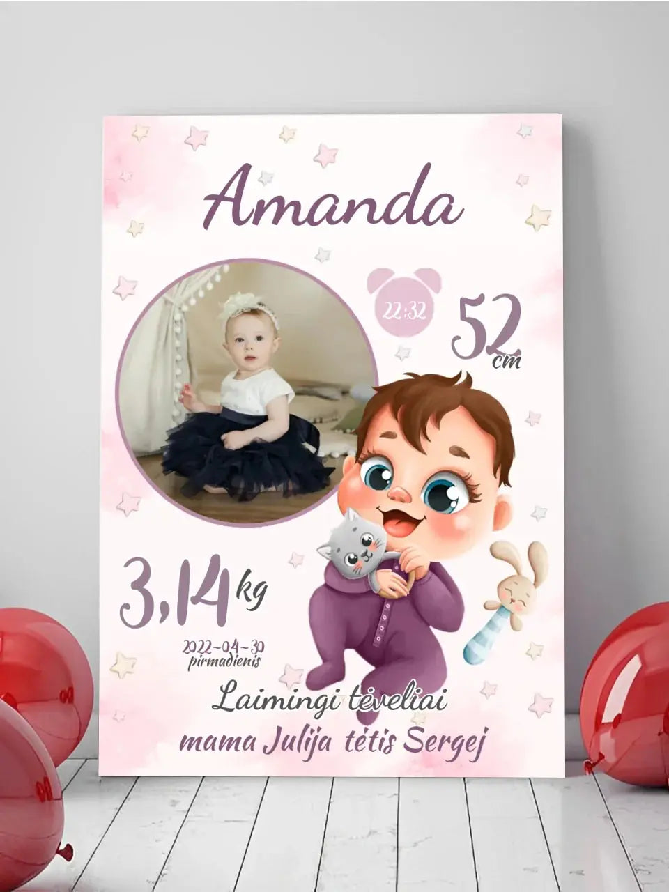 Personalizuota Mergaitės Gimimo Metrikų Iliustracija ant drobės  Drobe -  dovanokis.lt