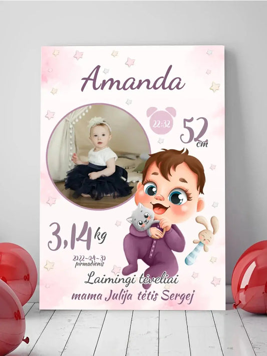 Personalizuota Mergaitės Gimimo Metrikų Iliustracija ant drobės  Drobe -  dovanokis.lt