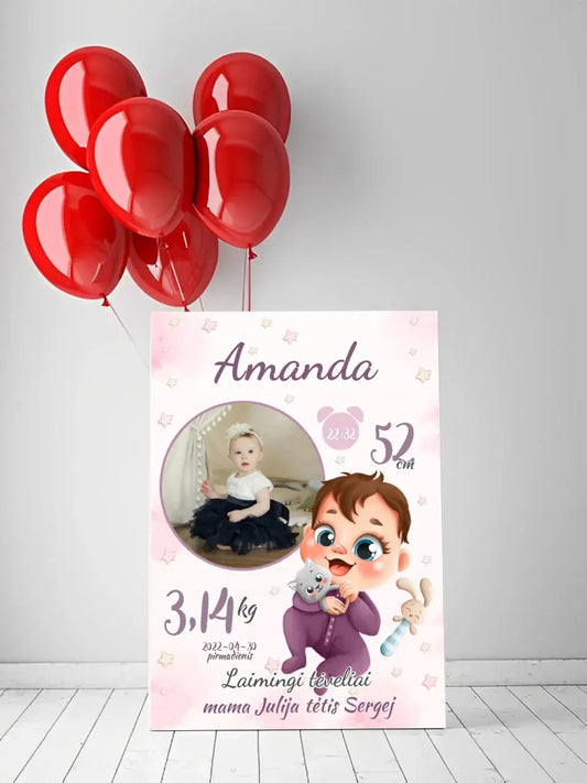 Personalizuota Mergaitės Gimimo Metrikų Iliustracija ant drobės  Drobe -  dovanokis.lt