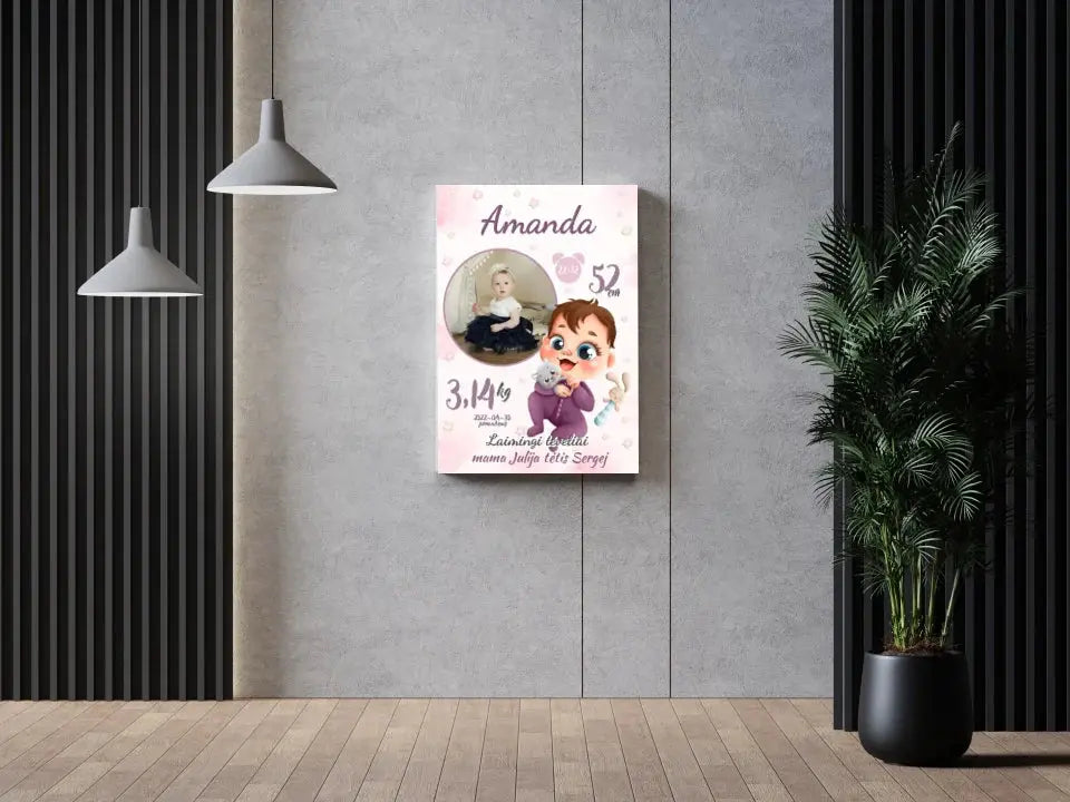 Personalizuota Mergaitės Gimimo Metrikų Iliustracija ant drobės  Drobe -  dovanokis.lt