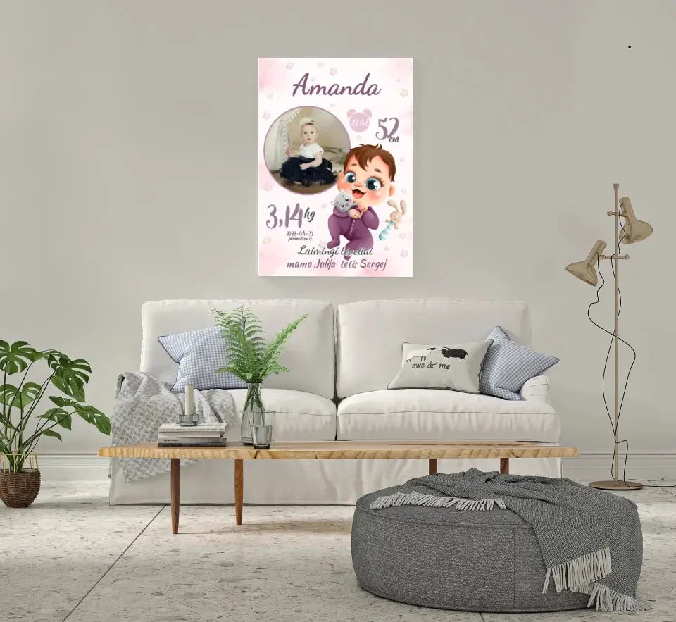Personalizuota Mergaitės Gimimo Metrikų Iliustracija ant drobės  Drobe -  dovanokis.lt