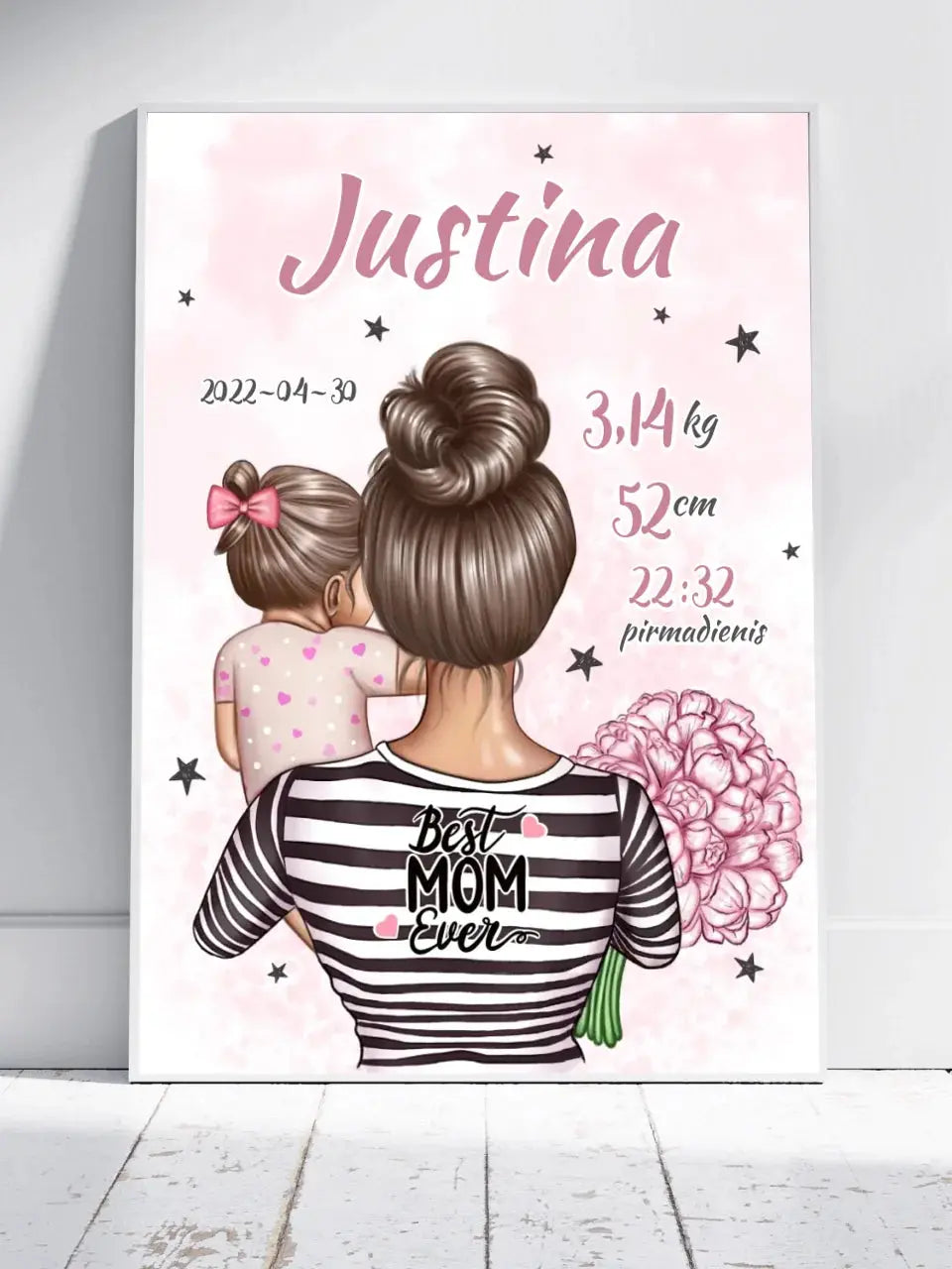 Personalizuota Mergaitės Gimimo Metrikų Iliustracija, plakatas su rėmeliu  Customizer -  dovanokis.lt