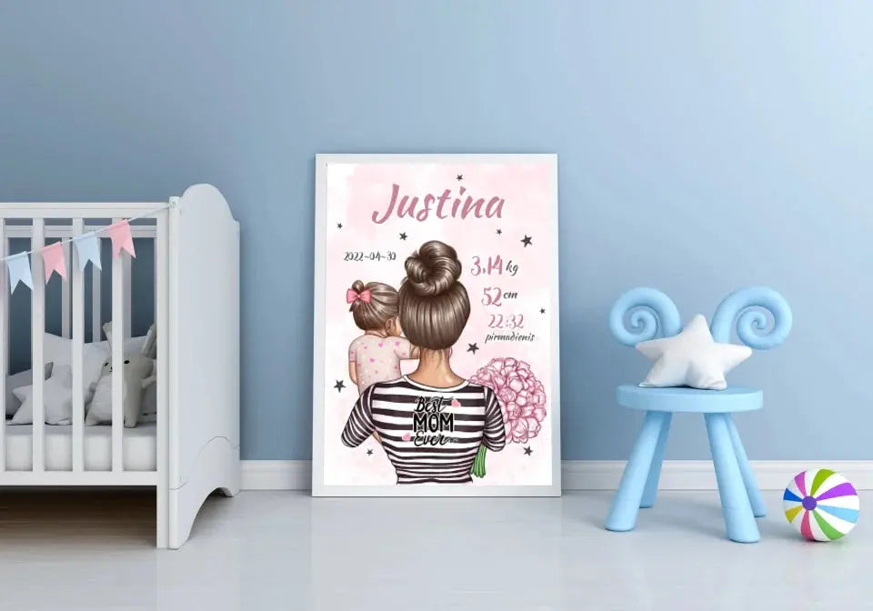 Personalizuota Mergaitės Gimimo Metrikų Iliustracija, plakatas su rėmeliu  Customizer -  dovanokis.lt