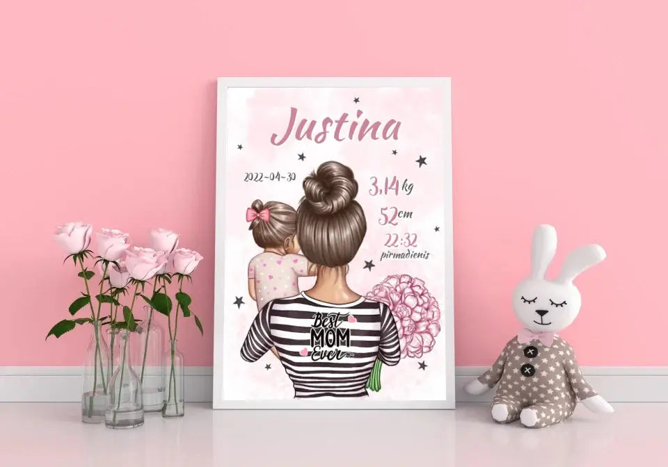 Personalizuota Mergaitės Gimimo Metrikų Iliustracija, plakatas su rėmeliu  Customizer -  dovanokis.lt