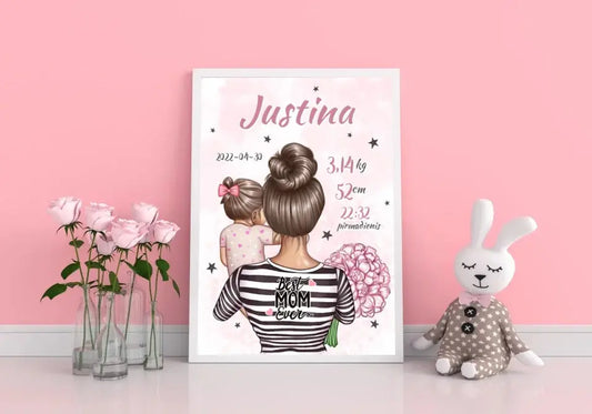 Personalizuota Mergaitės Gimimo Metrikų Iliustracija, plakatas su rėmeliu  Customizer -  dovanokis.lt
