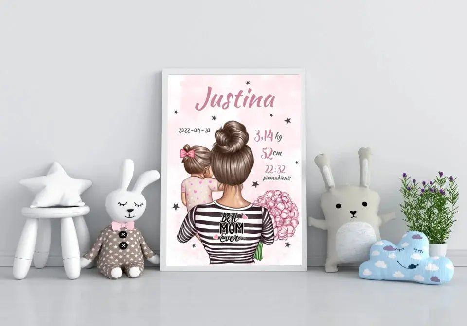 Personalizuota Mergaitės Gimimo Metrikų Iliustracija, plakatas su rėmeliu  Customizer -  dovanokis.lt