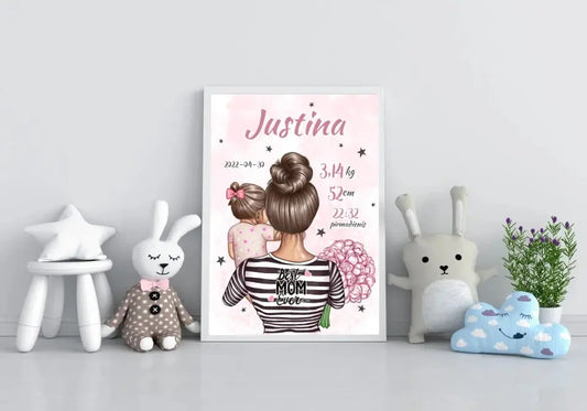 Personalizuota Mergaitės Gimimo Metrikų Iliustracija, plakatas su rėmeliu  Customizer -  dovanokis.lt