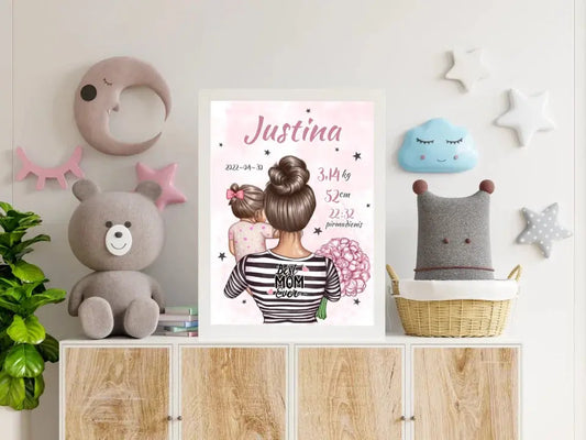 Personalizuota Mergaitės Gimimo Metrikų Iliustracija, plakatas su rėmeliu  Customizer -  dovanokis.lt