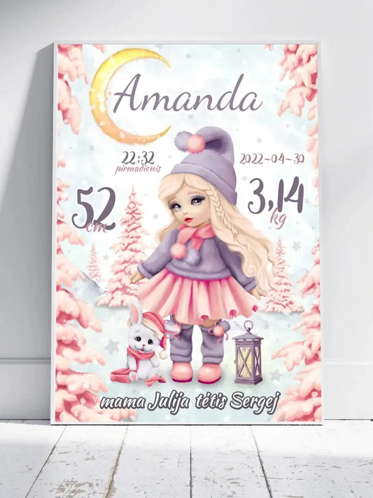 Personalizuota Mergaitės Gimimo Metrikų Iliustracija, plakatas su rėmeliu  Customizer -  dovanokis.lt