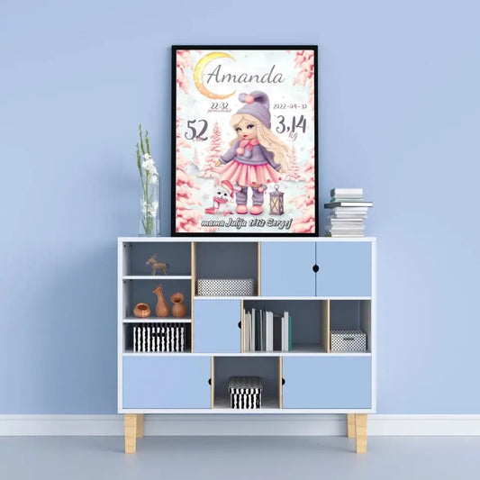 Personalizuota Mergaitės Gimimo Metrikų Iliustracija, plakatas su rėmeliu  Customizer -  dovanokis.lt