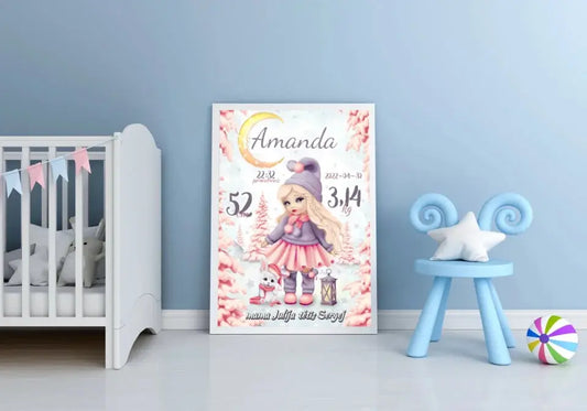 Personalizuota Mergaitės Gimimo Metrikų Iliustracija, plakatas su rėmeliu  Customizer -  dovanokis.lt
