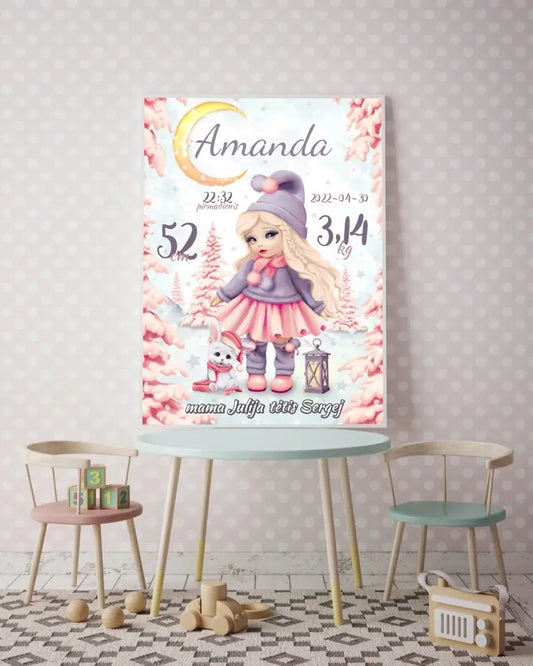 Personalizuota Mergaitės Gimimo Metrikų Iliustracija, plakatas su rėmeliu  Customizer -  dovanokis.lt